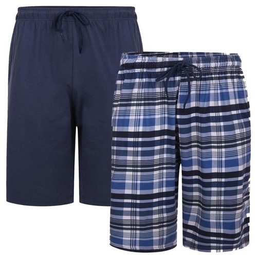 KAM Twin Pack Lounge Wear Shorts Check/Plain Navy